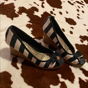 Navy and White Striped Wedge Shoes